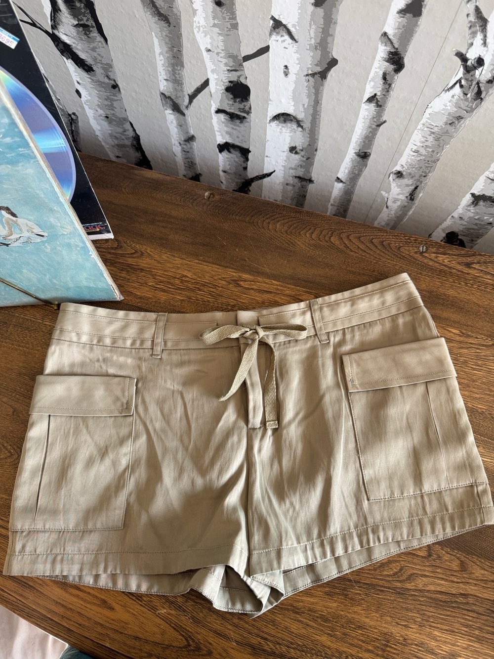 Haute Hippie Olive-Taupe Cargo Shorts with Tie Waist
